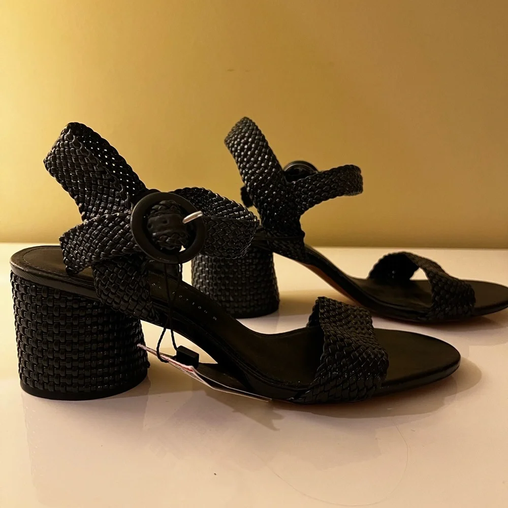 NWT Zara Black Woven Leather Women's Heeled Sandals - Picture 2 of 6